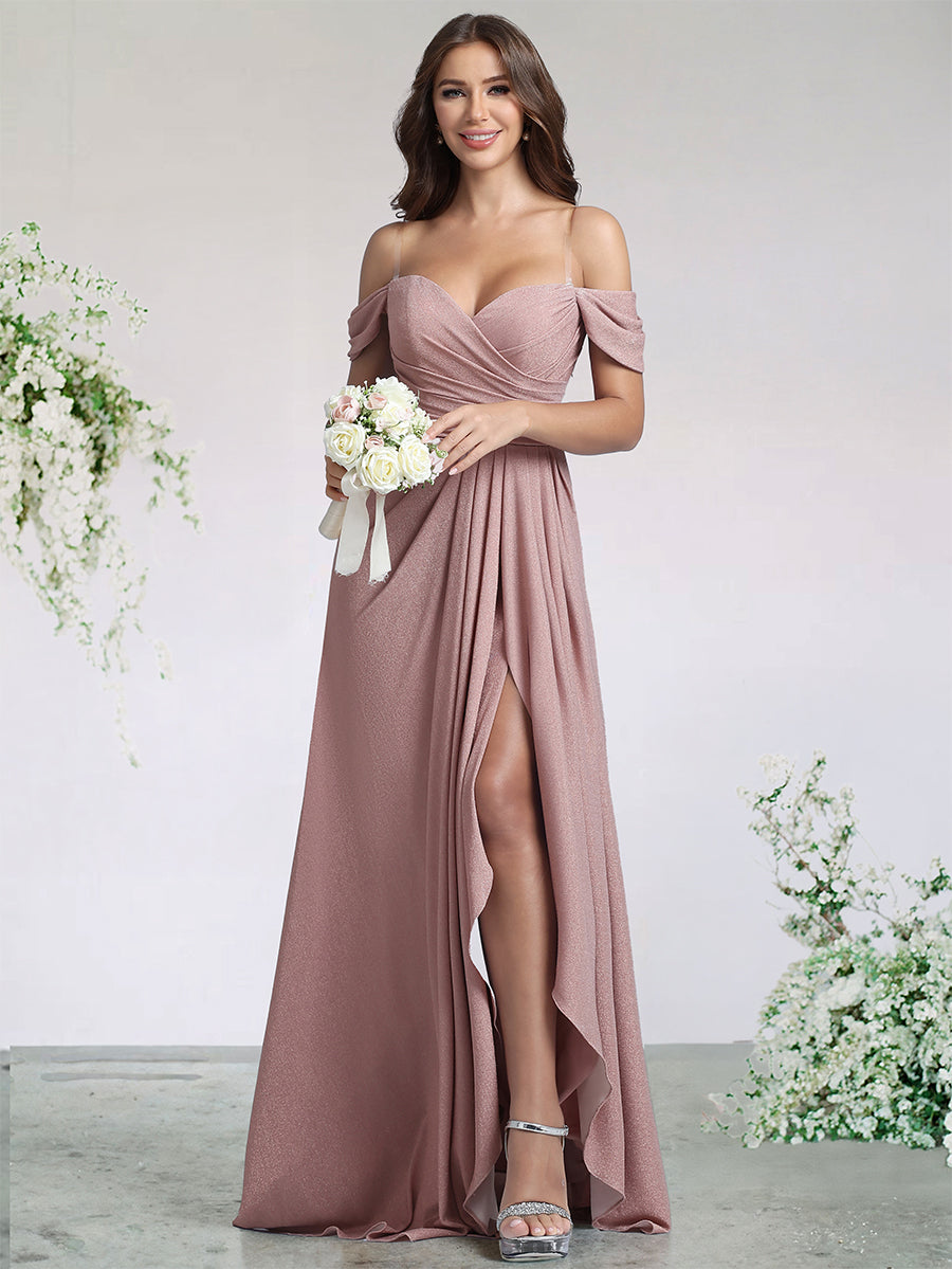 A-Line/Princess Spandex Bridesmaid Dresses For Wedding Sweetheart&Off-the-Shoulder Sleeveless Floor-Length With Pleats&Side Split