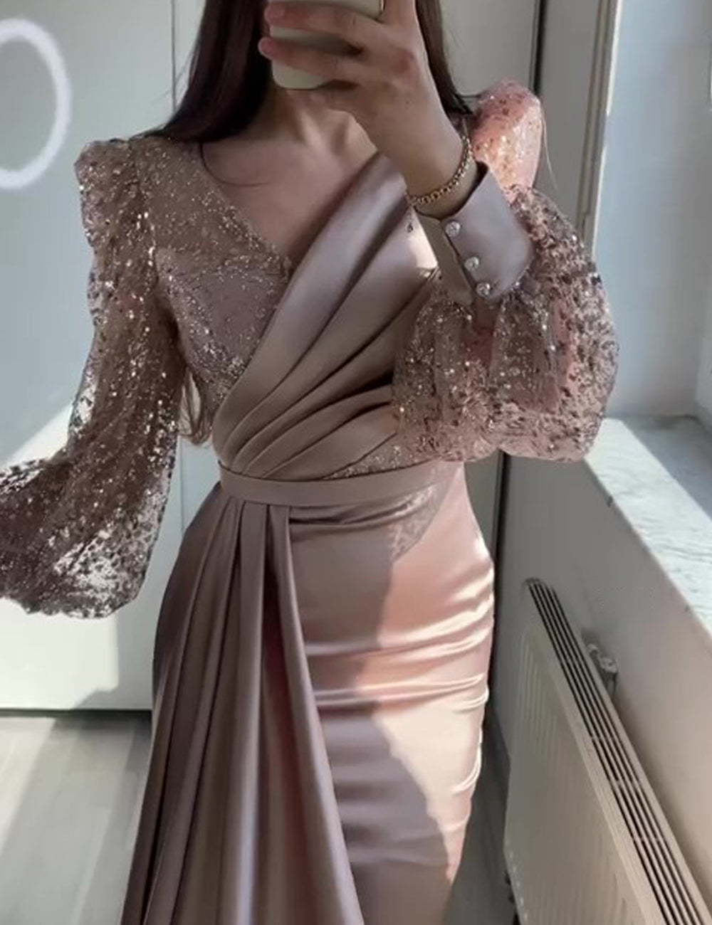Mermaid Sequin Evening Gown Ruched Satin Dress Long Sleeves Floor Length V Neck with Sequins Overskirt Prom