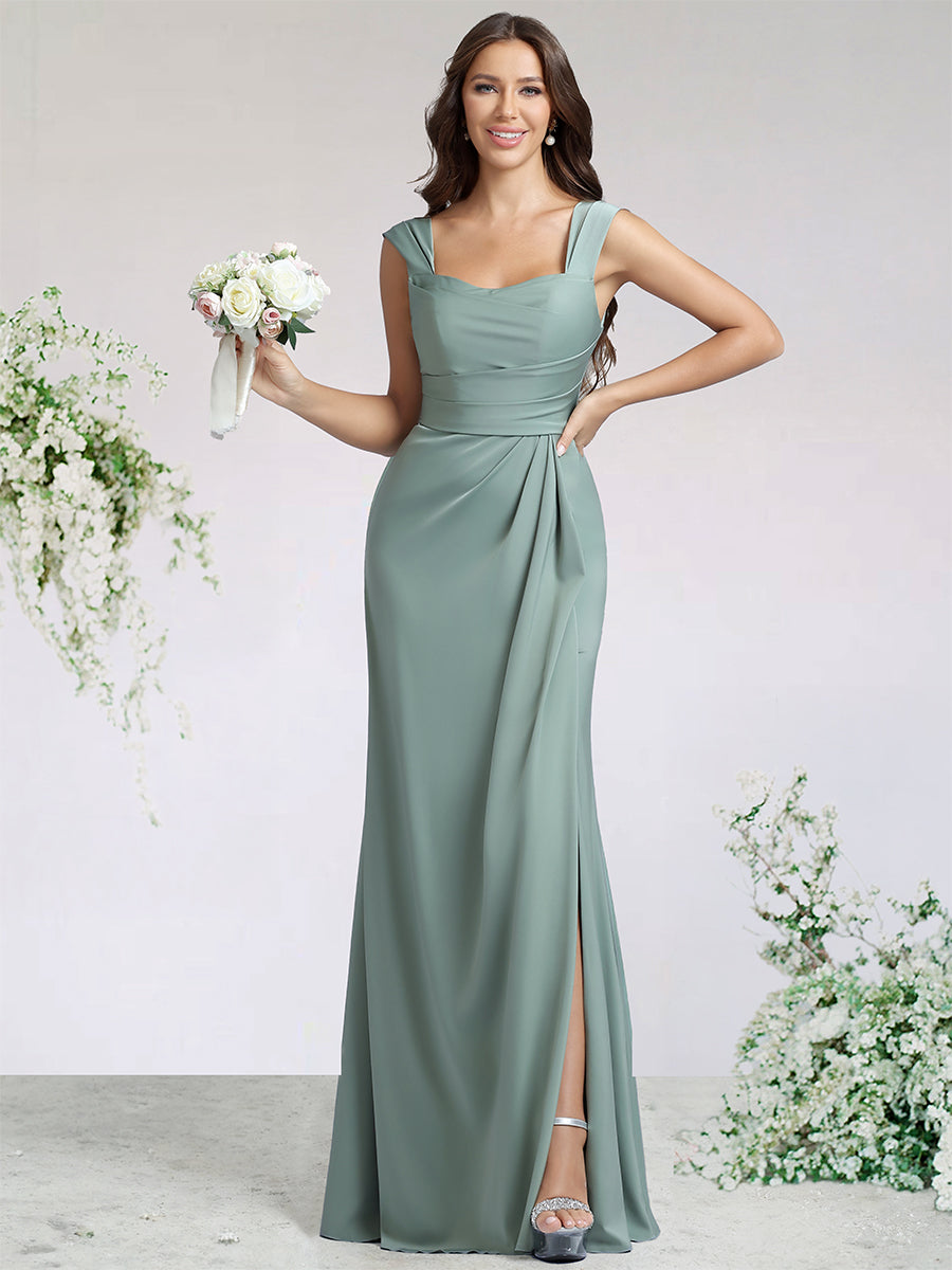 Sheath/Column Satin Bridesmaid Dresses For Wedding Square Neck Sleeveless Floor-Length With Side Split&Pleats