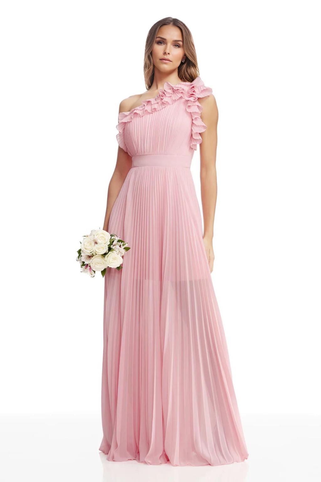 A-Line/Princess Chiffon Bridesmaid Dresses Floor-Length One-Shoulder&Ruffle Sleeveless With Back Zipper