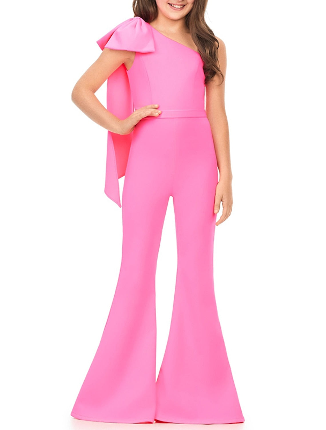 One-Shoulder Girls Prom Jumpsuits with Bowknot
