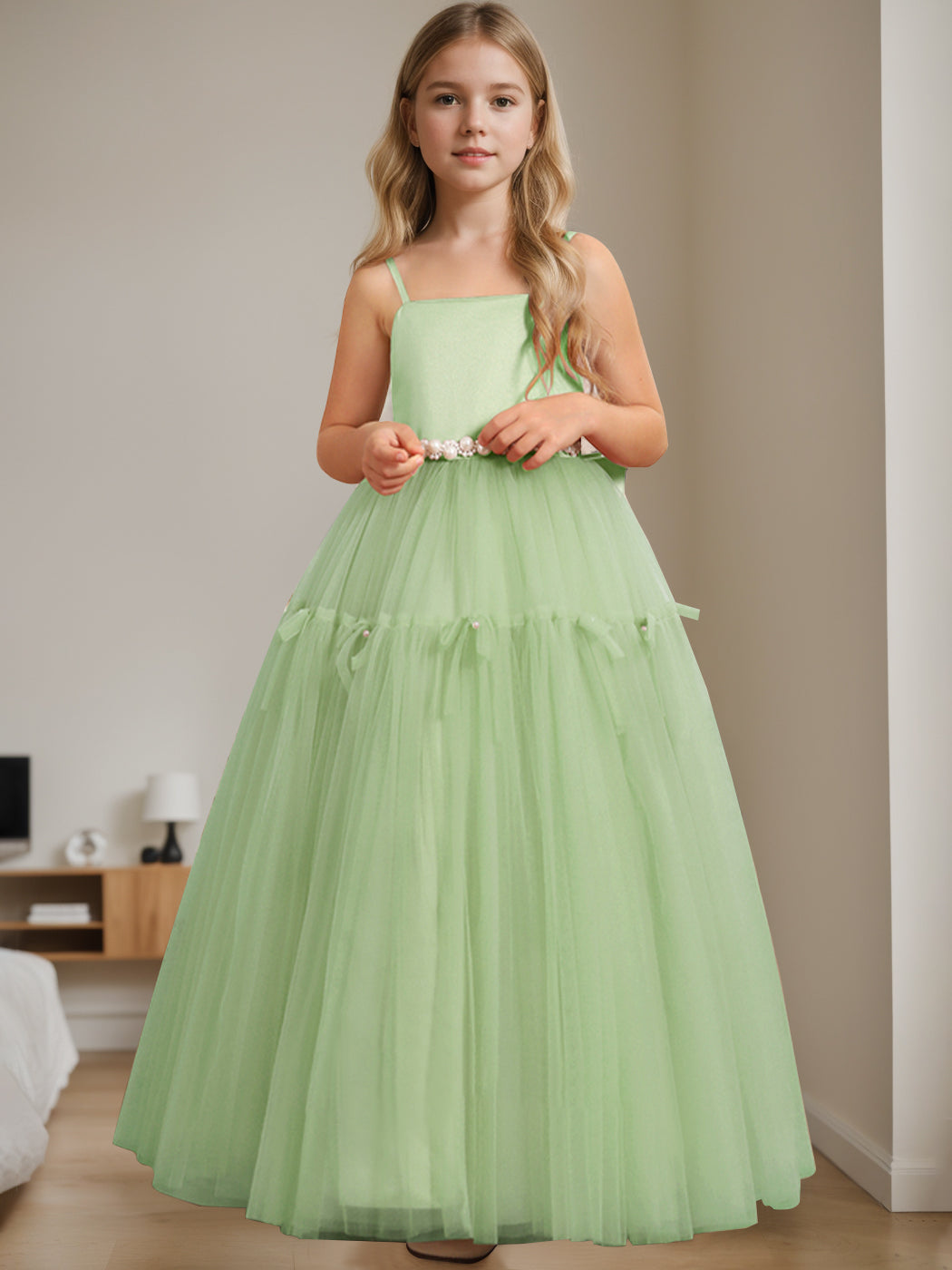A-Line/Princess Square Neck Sleeveless Floor-Length Flower Girl Dress with Beading