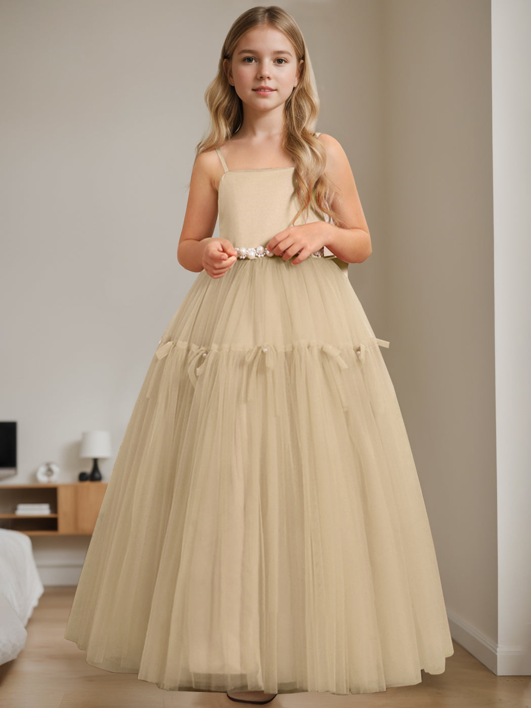 A-Line/Princess Square Neck Sleeveless Floor-Length Flower Girl Dress with Beading