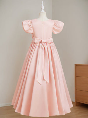 A-Line/Princess V-Neck Short Sleeves Floor-Length Flower Girl Dress with 3D Flowers