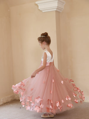 Ball-Gown Satin Tulle Scoop Sleeveless Ankle Length Flower Girl Dresses With Flower
