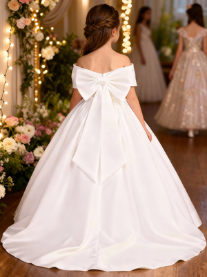 Ball Gown Flower Girl Dresses Satin Birthday Dresses Off-the-Shoulder Sleeveless Sweep/Brush Train Party Dresses With Bow