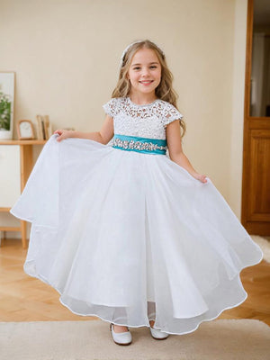 A-line Lace Organza Ankle-length Ivory Flower Girl Dress