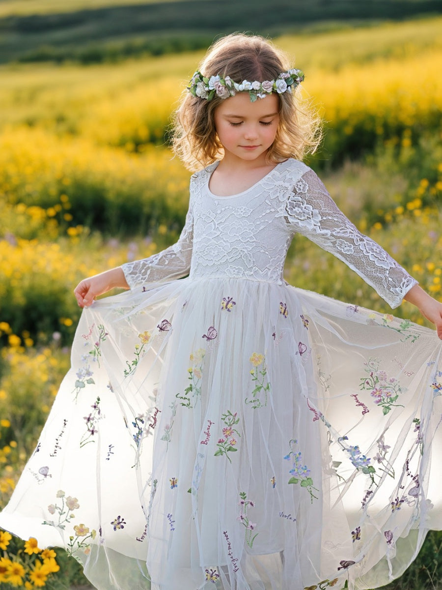 Floral Lace Embroidered Tulle A-Line Full-Length Garden Flower Girl Dress