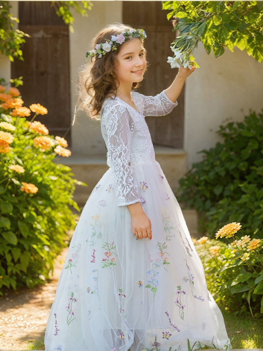 Floral Lace Embroidered Tulle A-Line Full-Length Garden Flower Girl Dress