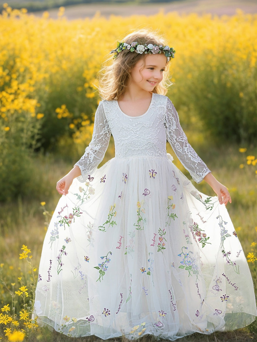 Floral Lace Embroidered Tulle A-Line Full-Length Garden Flower Girl Dress
