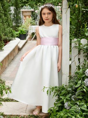Ivory Satin Flower Girl Ball Gown with Sash Bow | Ankle-Length Tulle Dress