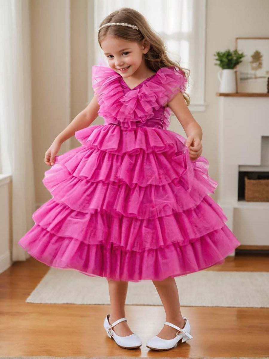 Ball-Gown/Princess Fuchsia Sleeveless Tulle Flower Girl Dress with Ruffles