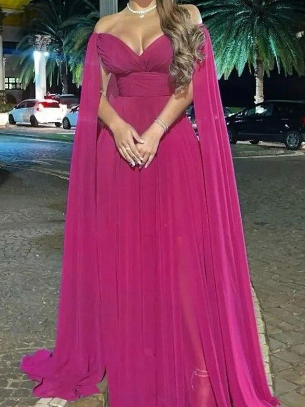 A-Line Sweep/Brush Train Sleeveless Off Shoulder Wedding Guest Dress Capes Chiffon with Pleats