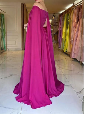 A-Line Sweep/Brush Train Sleeveless Off Shoulder Wedding Guest Dress Capes Chiffon with Pleats