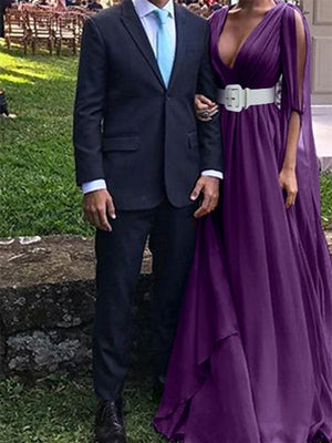 A-Line Floor Length Long Sleeve V Neck Wedding Guest Dresses Chiffon with Belt