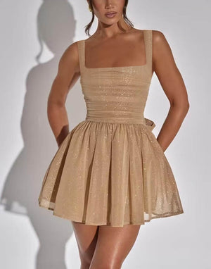 A Line Glitter Party Dress Square Neck Tulle Mini Prom Cocktail Gowns with Bow Ruffles