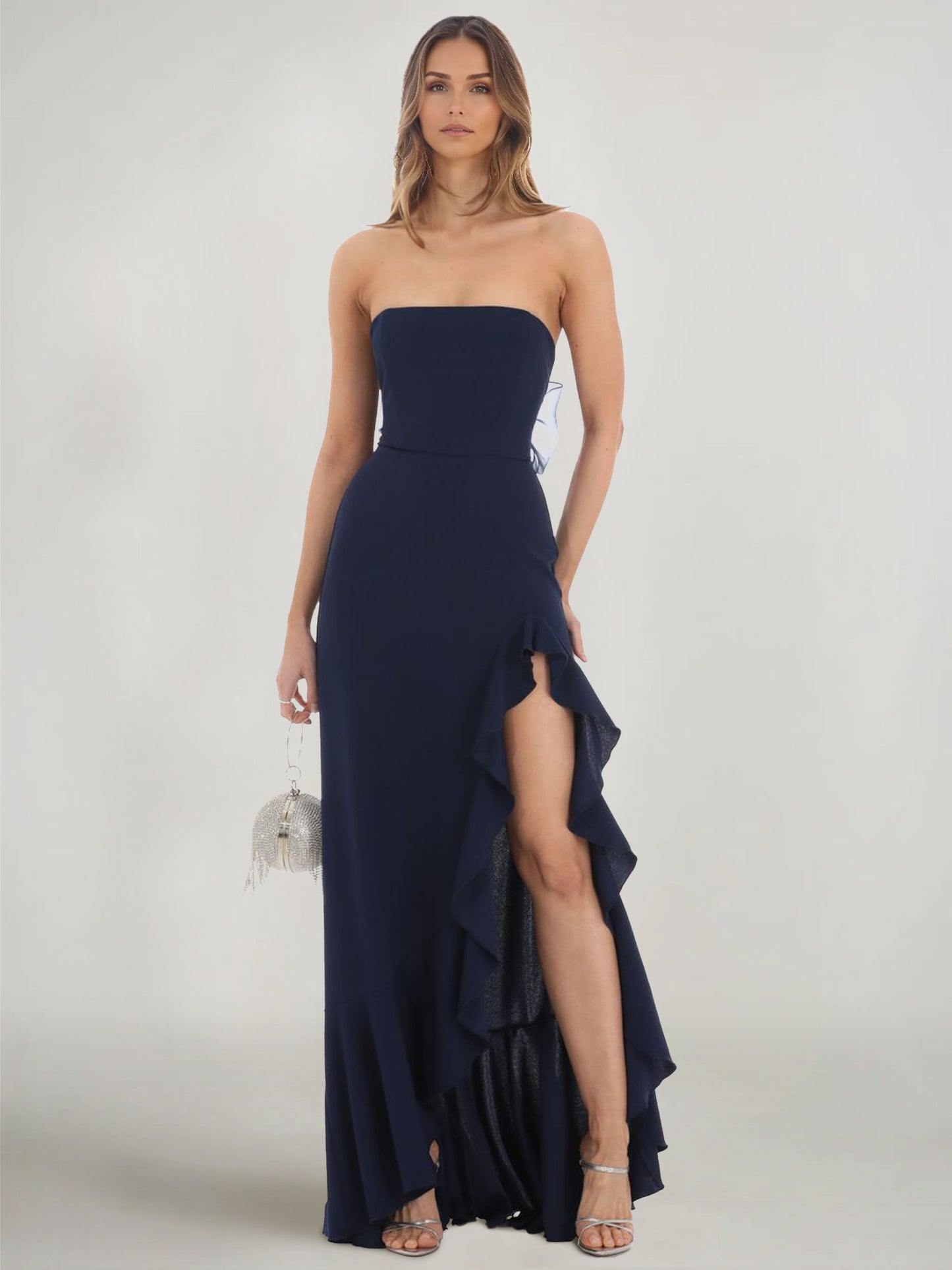 Sheath/Column Prom Dresses Off The Shoulder Sleeveless Ankle Length Back Bow Wedding Guest Dress With Side Slit Ruffle