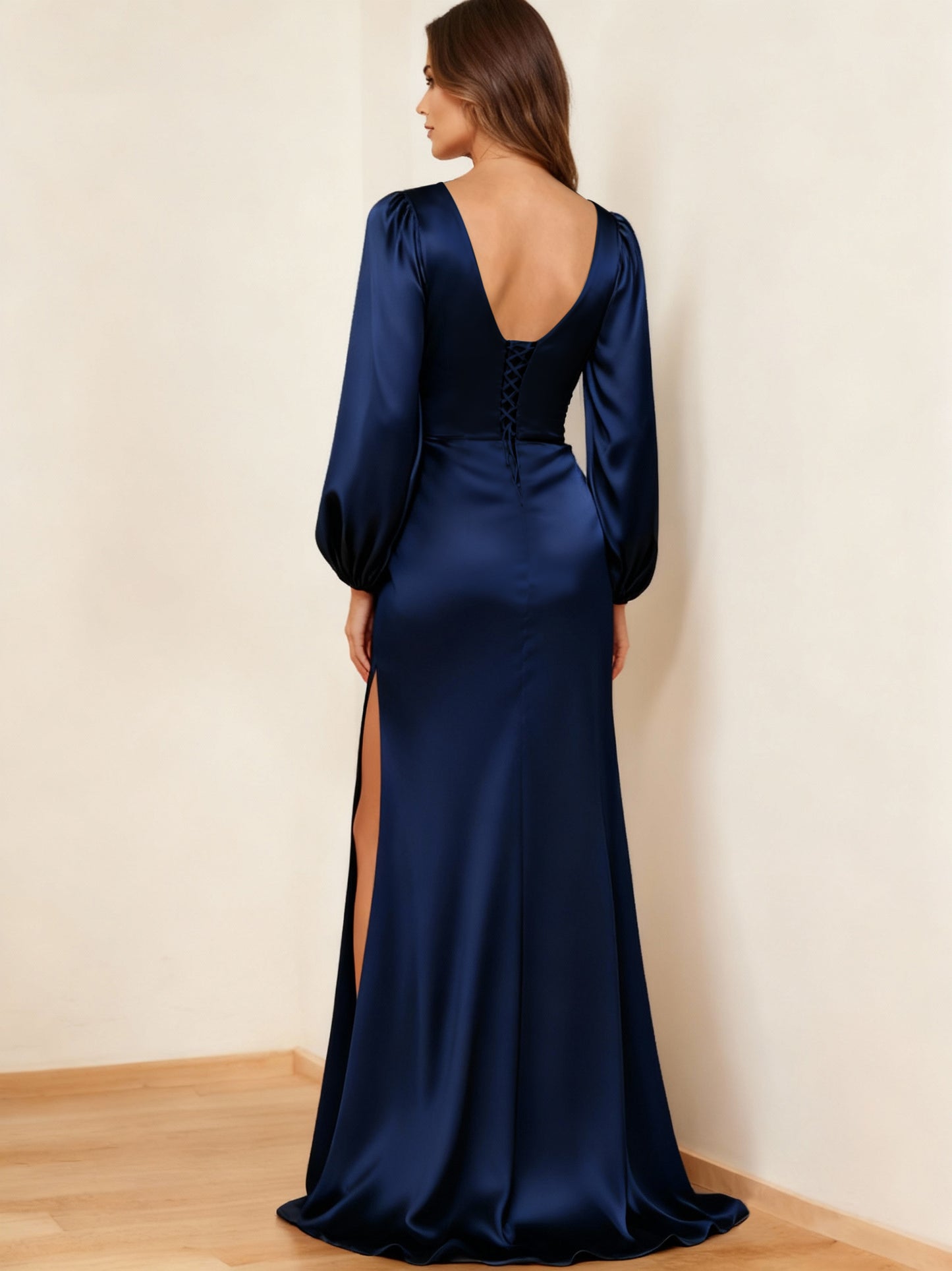 A-Line/Princess Satin V-Neck Long Sleeves Floor-Length Bridesmaid Dresses With High Side Split&Pleats