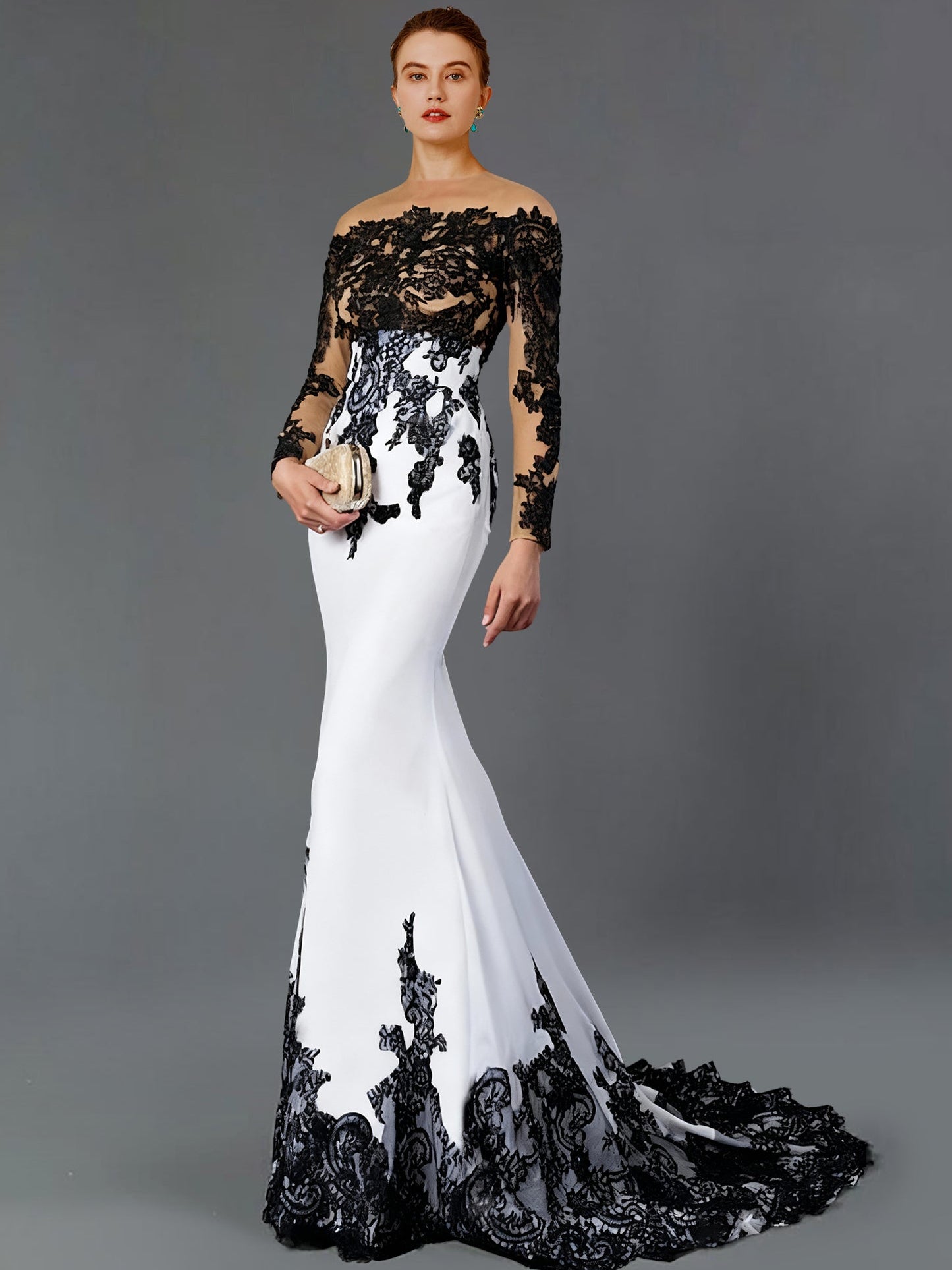 Mermaid Mother Of The Bride Dress Color Block Evening Dress Wedding Party Sweep / Brush Train Long Sleeve Off Shoulder Fall Wedding Reception Stretch Fabric with Lace