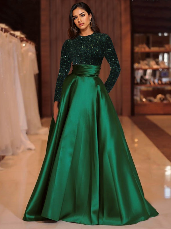 A-Line Sequin Evening Gown Elegant Dress Formal Cocktail Party Floor Length Long Sleeve High Neck Fall Wedding Guest