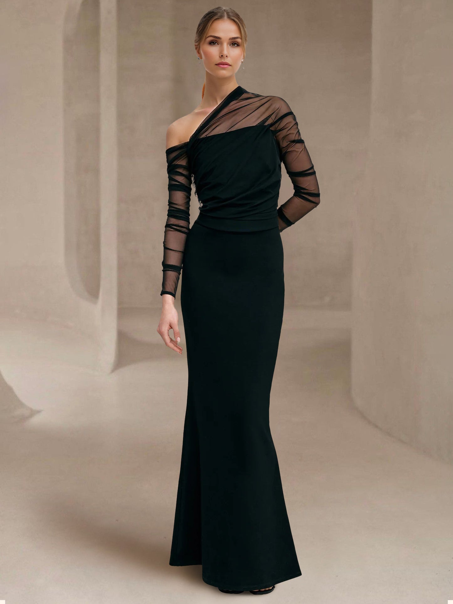 Sheath/Column Evening Dress One-Shoulder Floor-length Wedding Guest Dress Stretch Crepe Dresses