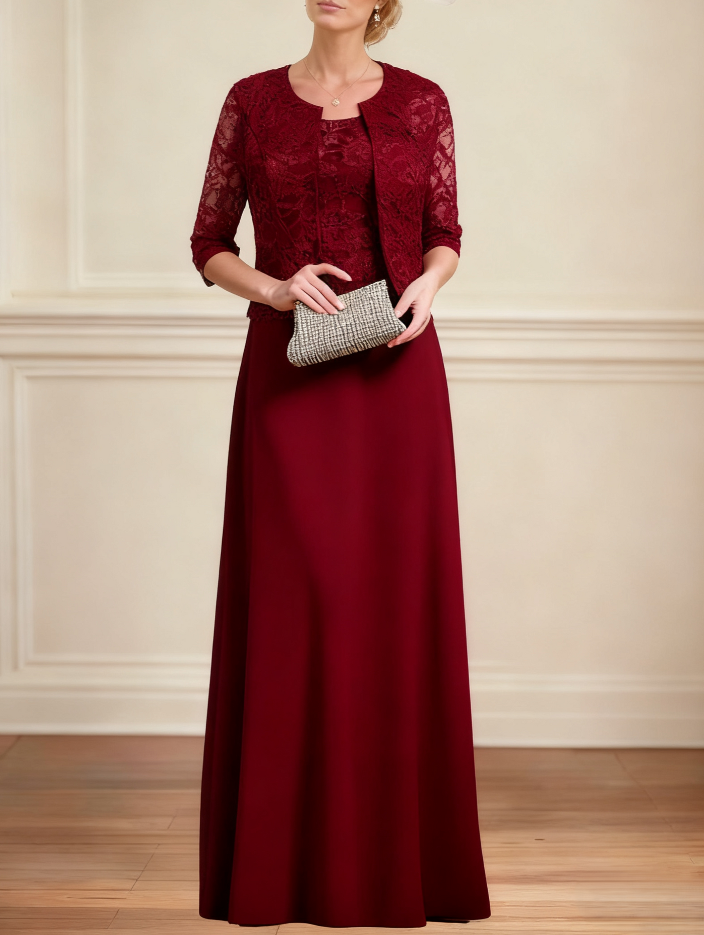 Sheath/Column Chiffon Floor Length 1/2 Sleeves Scoop Lace Mother of the Bride Dresses