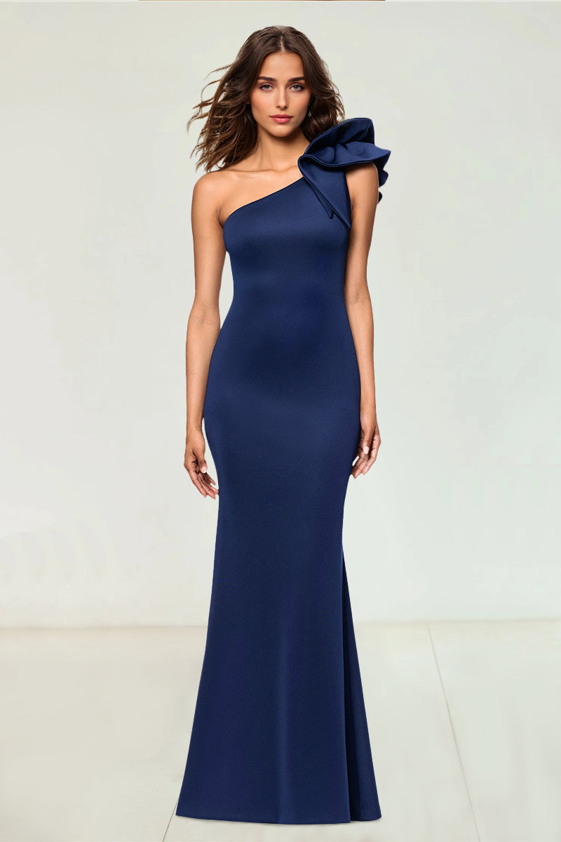 Sheath/Column Satin Evening Dress One-Shoulder With Ruffle Sleeveless Floor-Length Wedding Guest Dresses