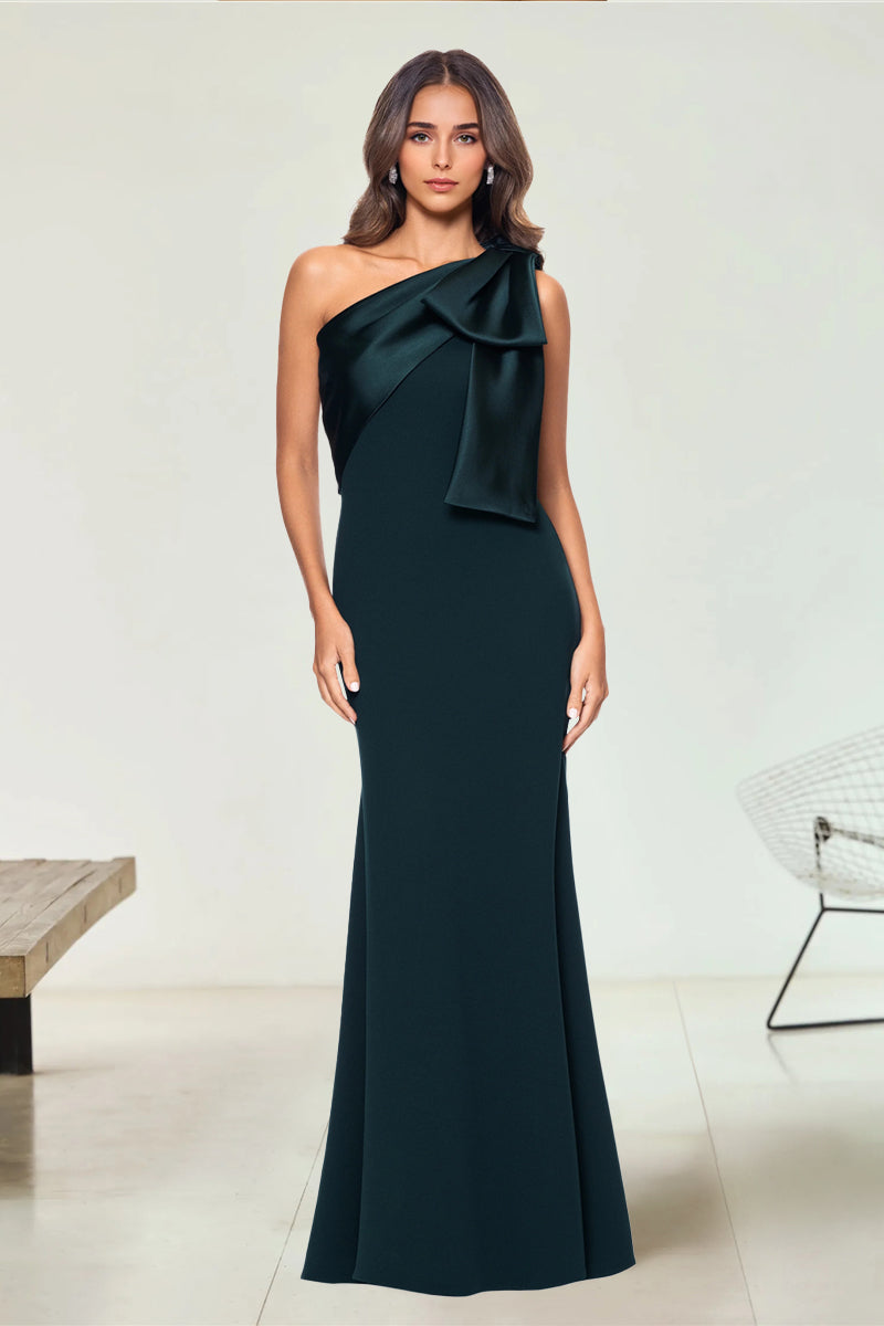 Sheath/Column Stretch Crepe & Satin Bow One-Shoulder Sleeveless Floor-Length Evening/Wedding Guest Dresses
