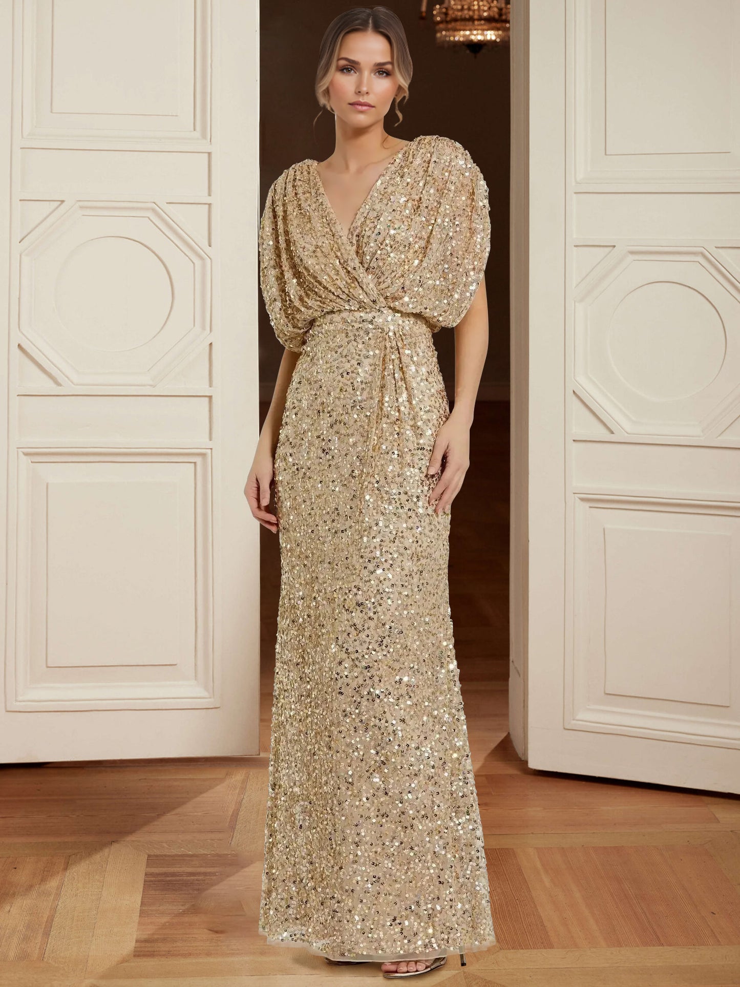 Sheath/Column Sequined Evening Dress Sparkle V Neck Sleeveless Floor-Length Elegant Formal Dress With Ruched