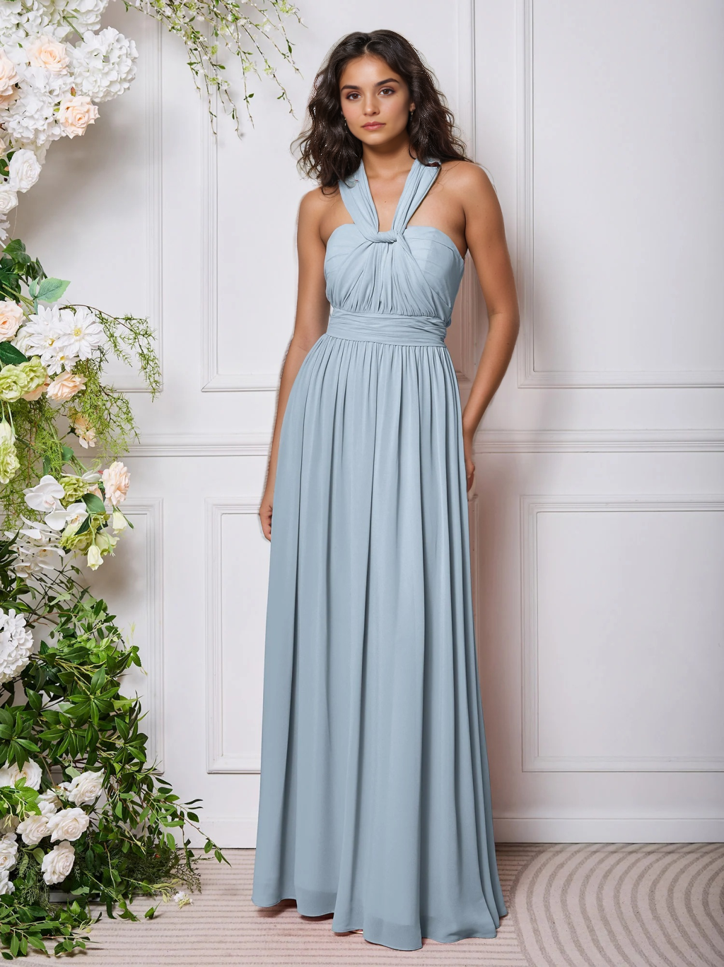 A-Line/Princess Halter Sleeveless Floor-Length Chiffon Bridesmaid Dress