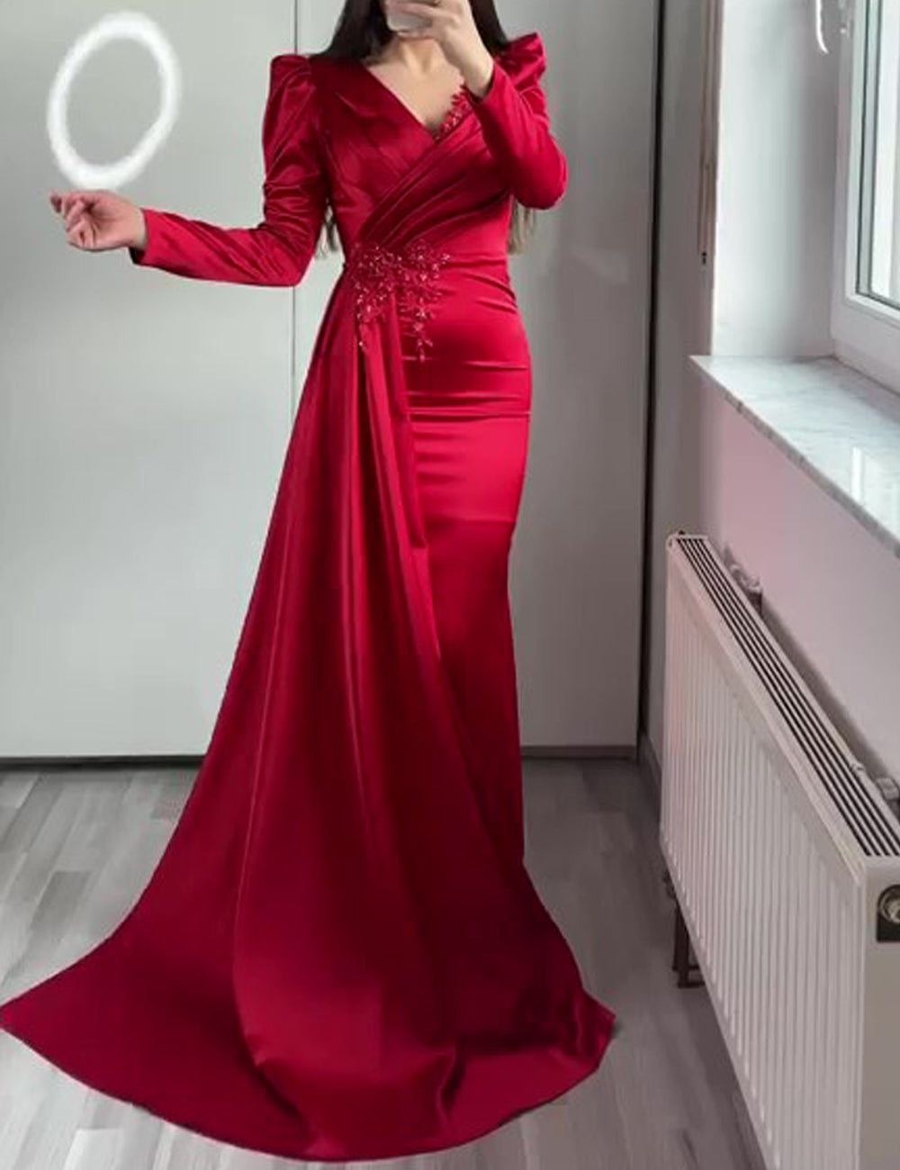 Mermaid Sequin Evening Gown Ruched Satin Dress Long Sleeves Floor Length V Neck with Sequins Overskirt Prom