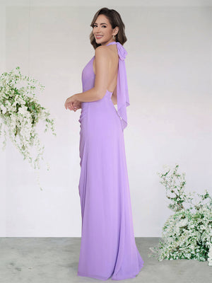 A-Line/Princess Chiffon Bridesmaid Dresses Wedding Dress Halter&Bow Sleeveless Floor-Length With Side Split&Pleats