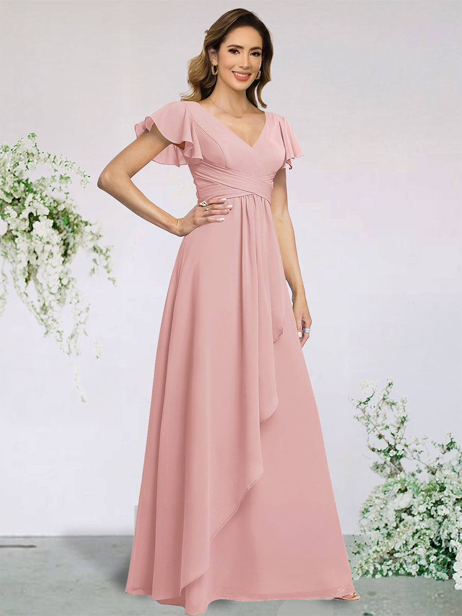 A-Line/Princess Chiffon Bridesmaid Dresses Wedding Dress V-Neck Flying Sleeves Floor-Length With Ruffles