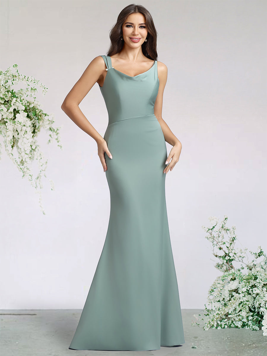 Sheath/Column Satin Bridesmaid Dresses For Wedding Scoop Neck Sleeveless Floor-Length With Back Zipper