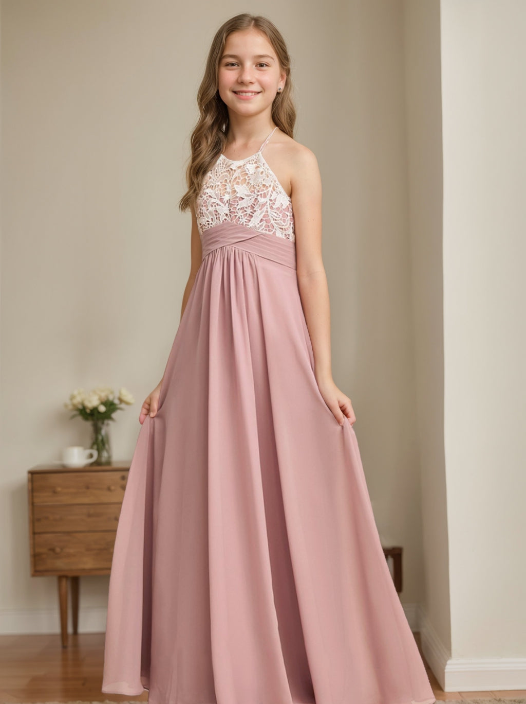 Nafori Dusty Rose A-Line/Princess Halter Sleeveless Junior Bridesmaid Dresses with Lace 2026