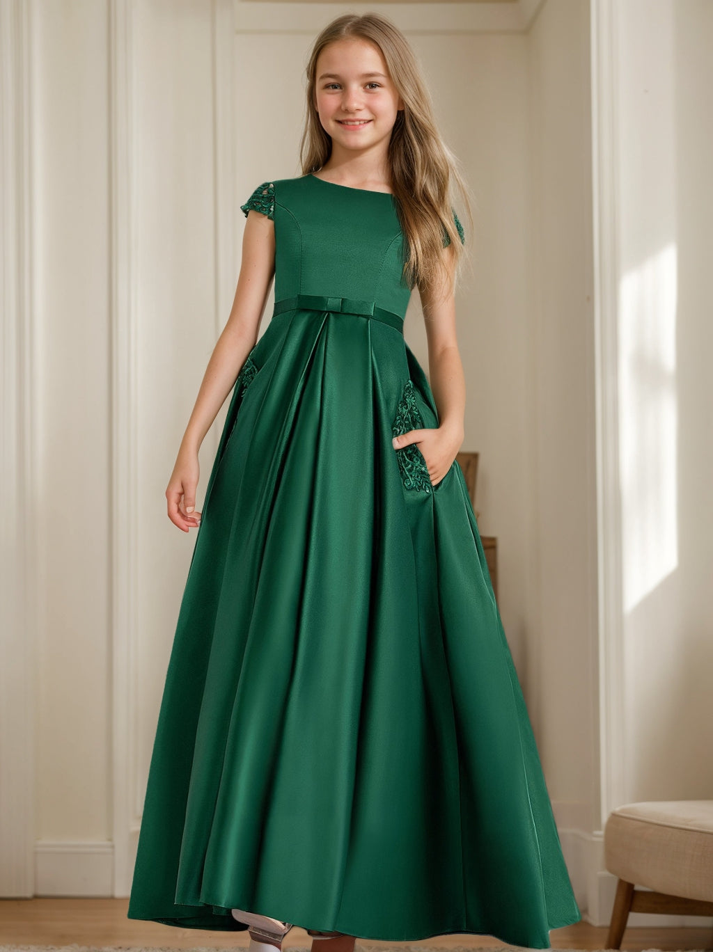 short junior bridesmaid dresses Round Neck Short Sleeves Knee Length Junior Bridesmaid Dress, Wisteria