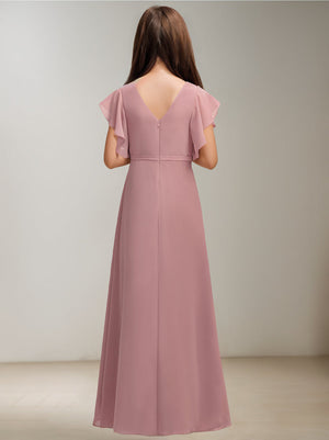 A-line/Princess V-Neck Short Sleeves Junior Bridesmaid Dress with Ruffles