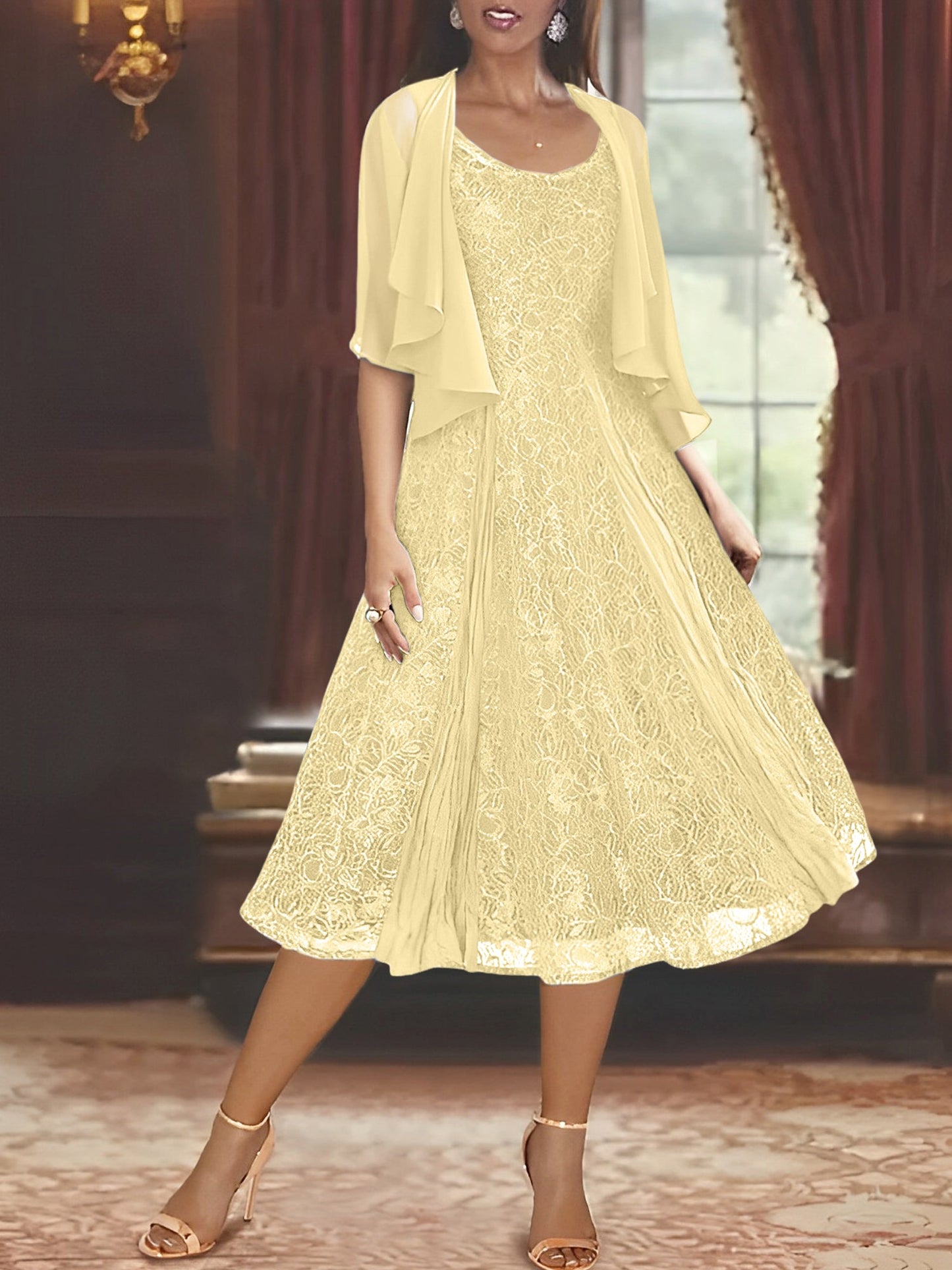A-Line/Princess Scoop Half Sleeves Tea-Length Mother of the Bride Dresses with Appliques & Jackets