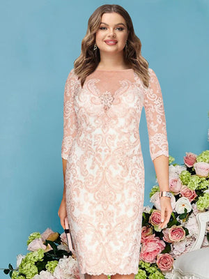 Sheath/Column Scoop Long Sleeves Knee-Length Plus Size Mother of the Bride Dresses with Lace Beading Appliques