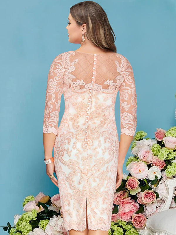 Sheath/Column Scoop Long Sleeves Knee-Length Plus Size Mother of the Bride Dresses with Lace Beading Appliques