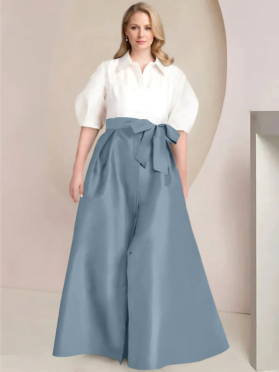 A-Line/Princess Shirt Collar Short Sleeves Floor-Length 2 pieces Plus Size Mother Of The Bride Dresses with Bowknot
