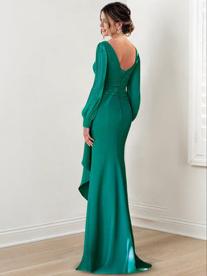 Sheath/Column Mother Of The Bride Dress Scoop Neck Elegant Ruffle with Long Lantern Sleeves Cocktail Wedding