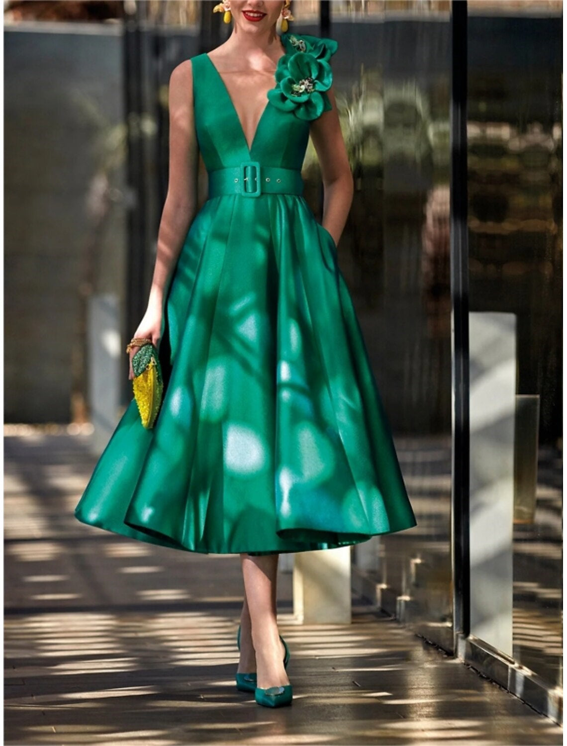 A-Line Cocktail Dress V-Neck Sleeveless Tea-Length Mother of the Bride Dresses with Sash