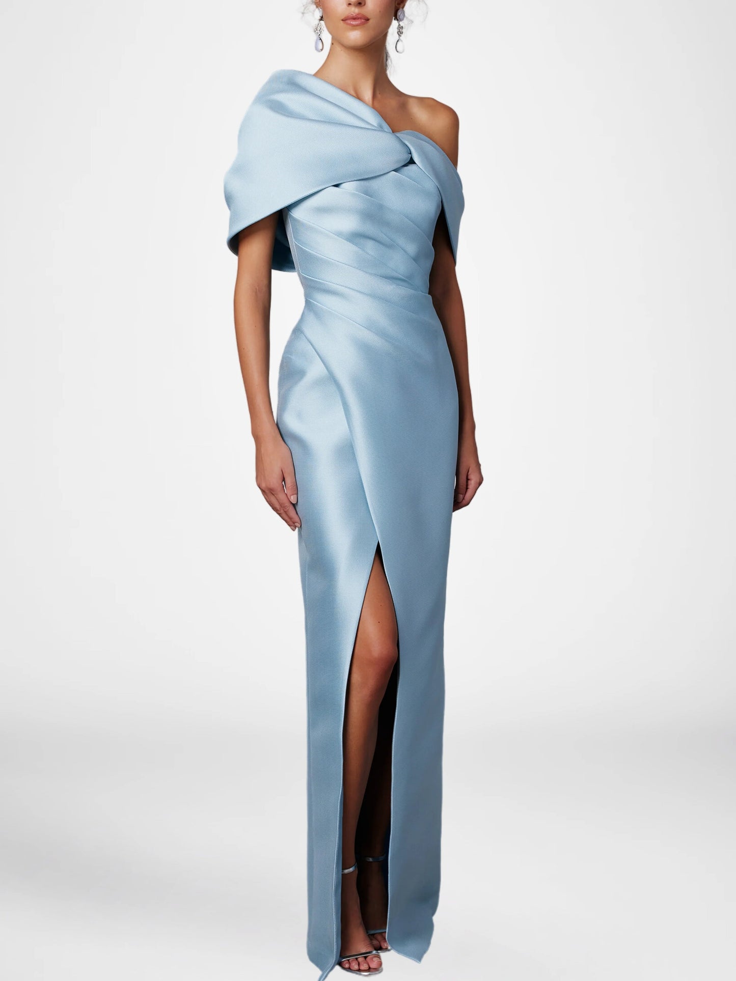 Sheath/Column Evening Dress One-Shoulder Half Sleeves Floor-Length Mother of the Bride Dresses with Ruffles