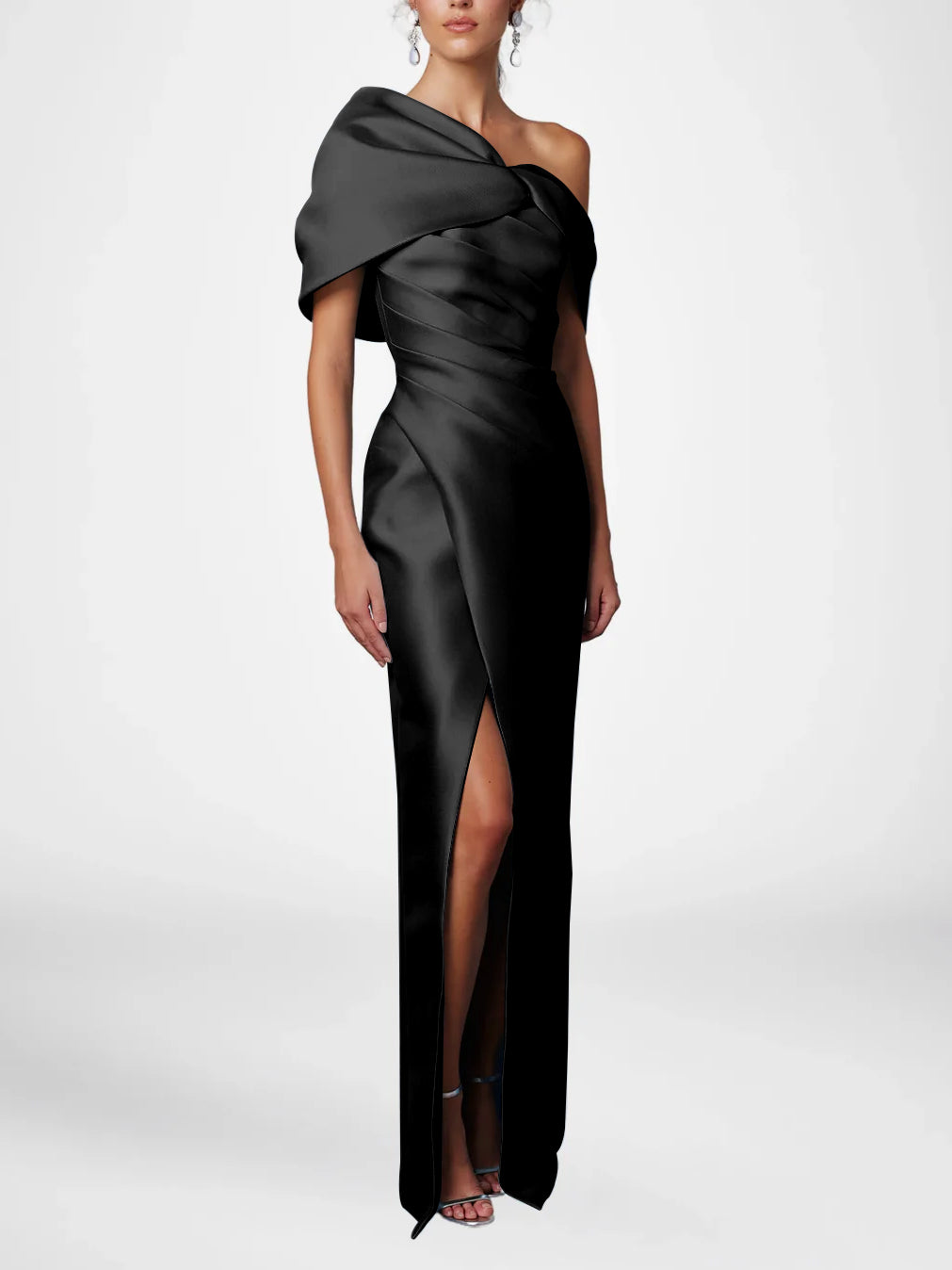 Sheath/Column Evening Dress One-Shoulder Half Sleeves Floor-Length Mother of the Bride Dresses with Ruffles