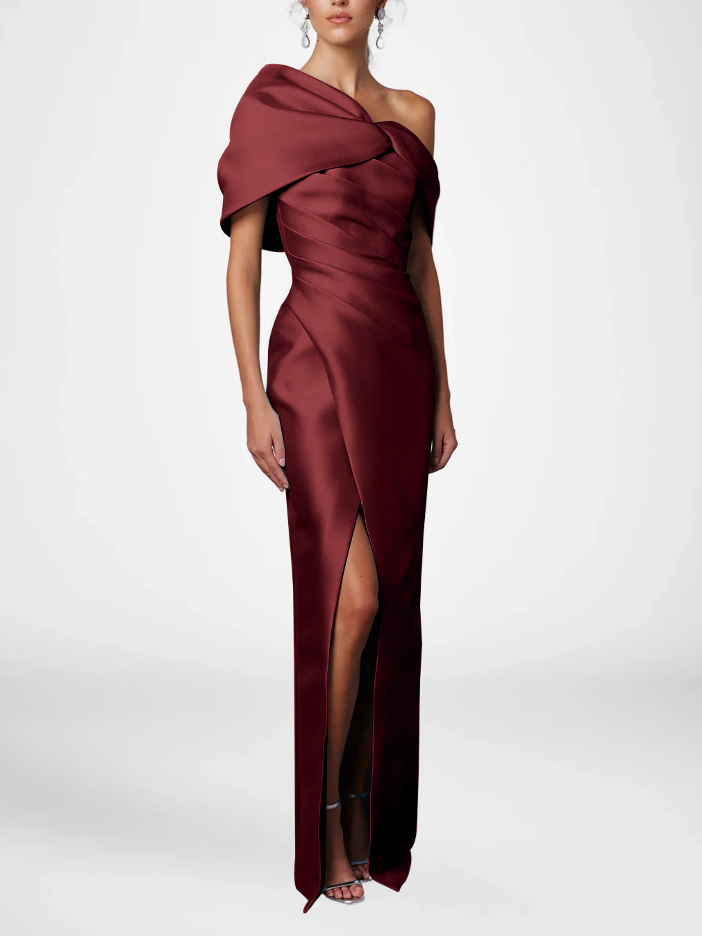 Sheath/Column Evening Dress One-Shoulder Half Sleeves Floor-Length Mother of the Bride Dresses with Ruffles