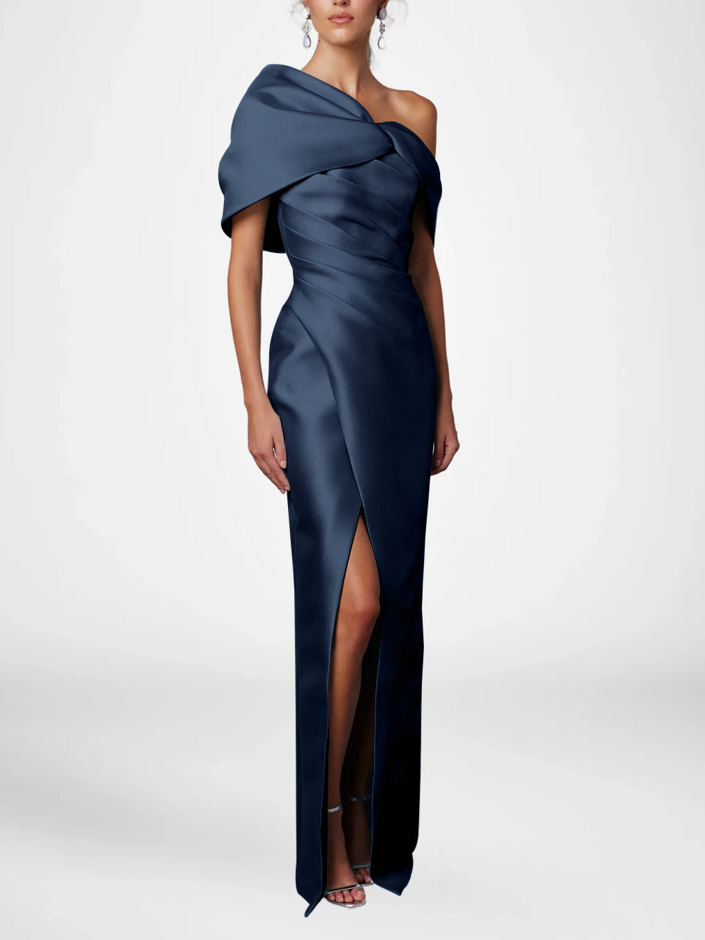 Sheath/Column Evening Dress One-Shoulder Half Sleeves Floor-Length Mother of the Bride Dresses with Ruffles