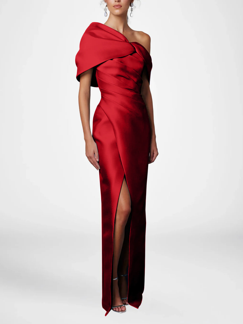 Sheath/Column Evening Dress One-Shoulder Half Sleeves Floor-Length Mother of the Bride Dresses with Ruffles