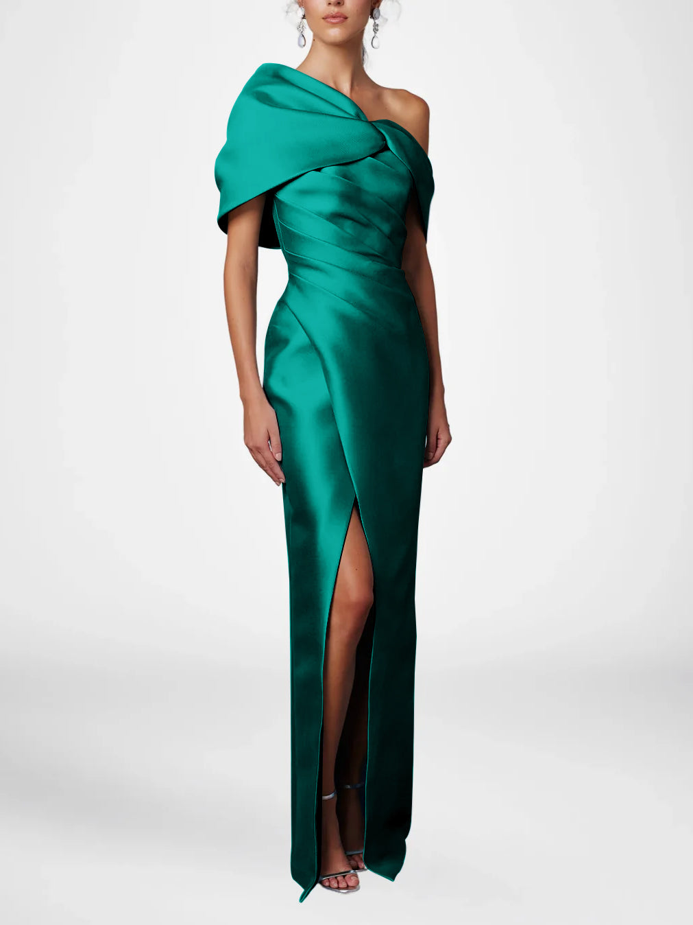 Sheath/Column Evening Dress One-Shoulder Half Sleeves Floor-Length Mother of the Bride Dresses with Ruffles
