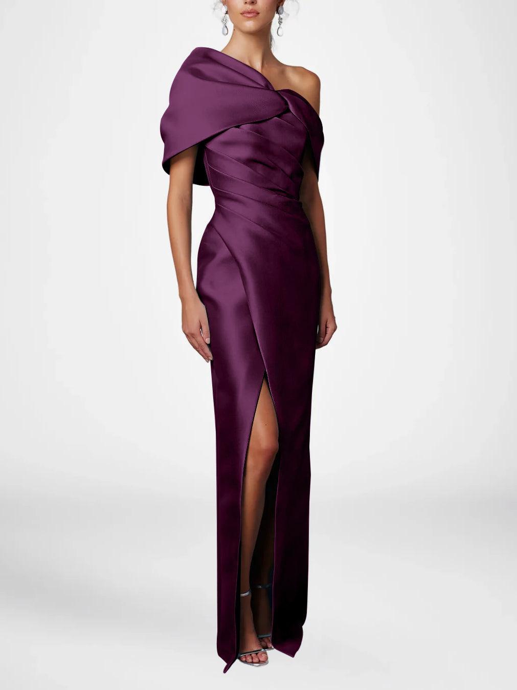 Sheath/Column Evening Dress One-Shoulder Half Sleeves Floor-Length Mother of the Bride Dresses with Ruffles